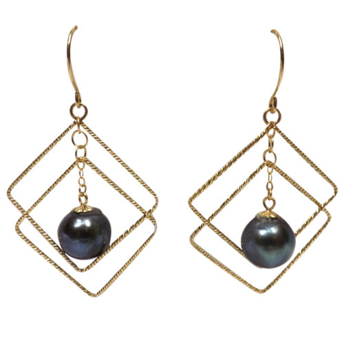 18ky gold dangling black pearl earrings