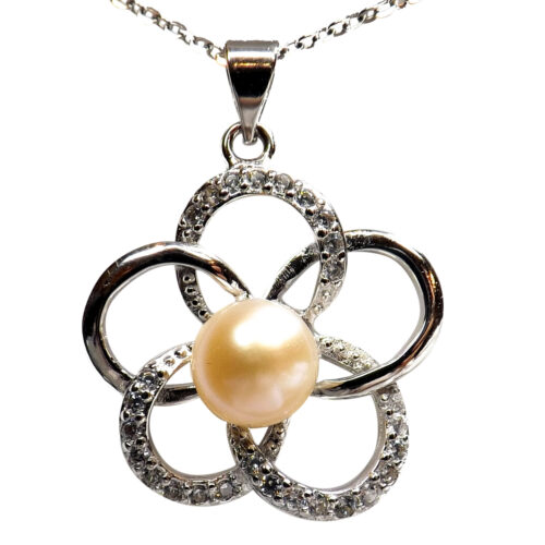 White flower shaped pearl pendant with cz diamonds