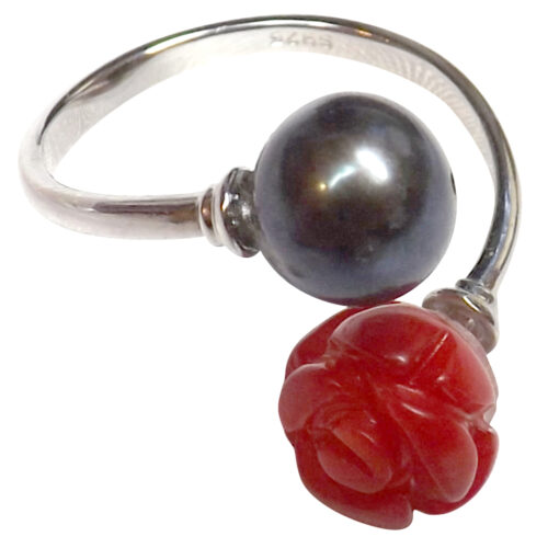 silver pearl coral adjustable ring