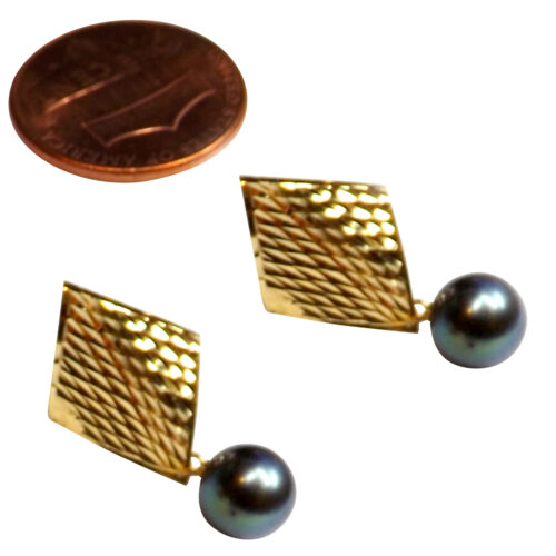 18K Yellow Gold Large Diamond Shaped Black Pearl Earrings