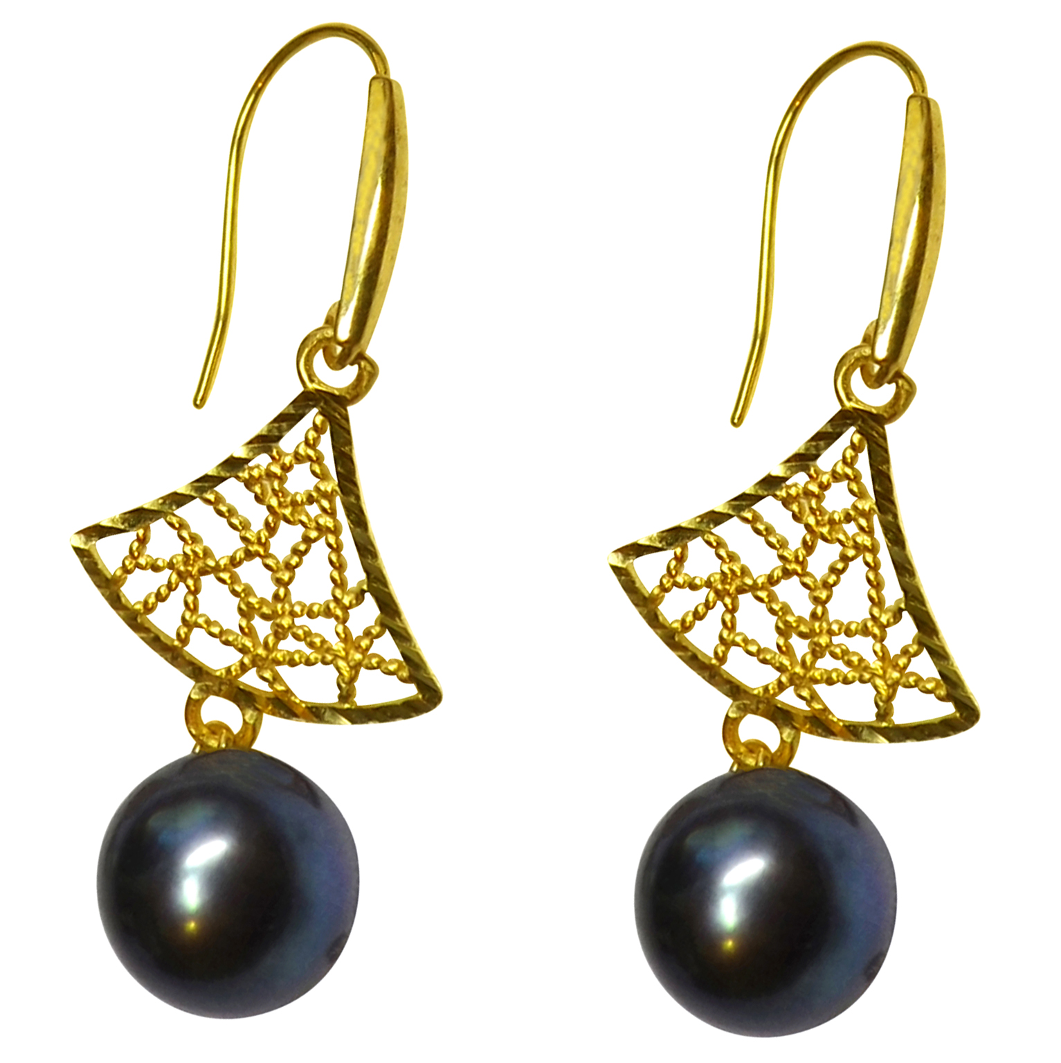 18K Yellow Gold Tree Shaped Black Pearl Earrings