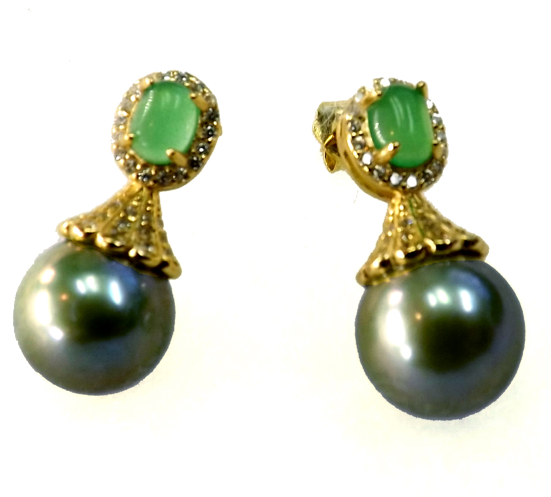 18K Yellow Gold Over 925 Sterling Silver Jade Pearl Earring