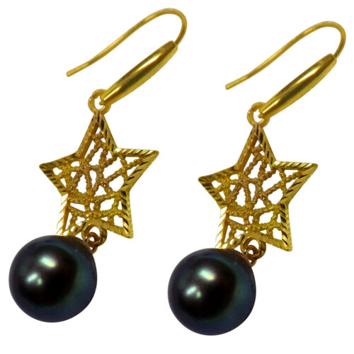18k yellow gold dangling star black pearl earrings