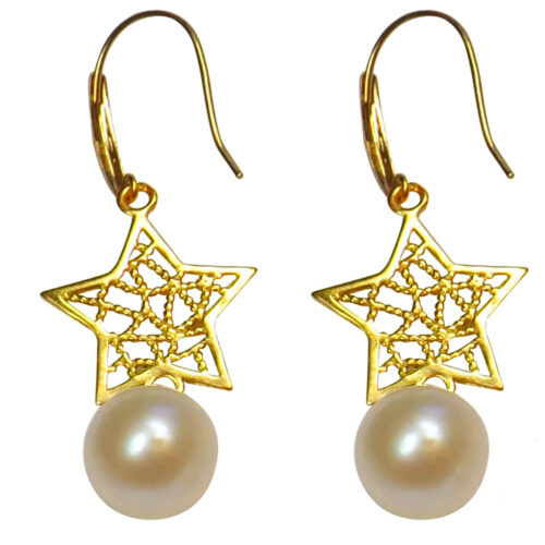18k yellow gold dangling star white pearl earrings
