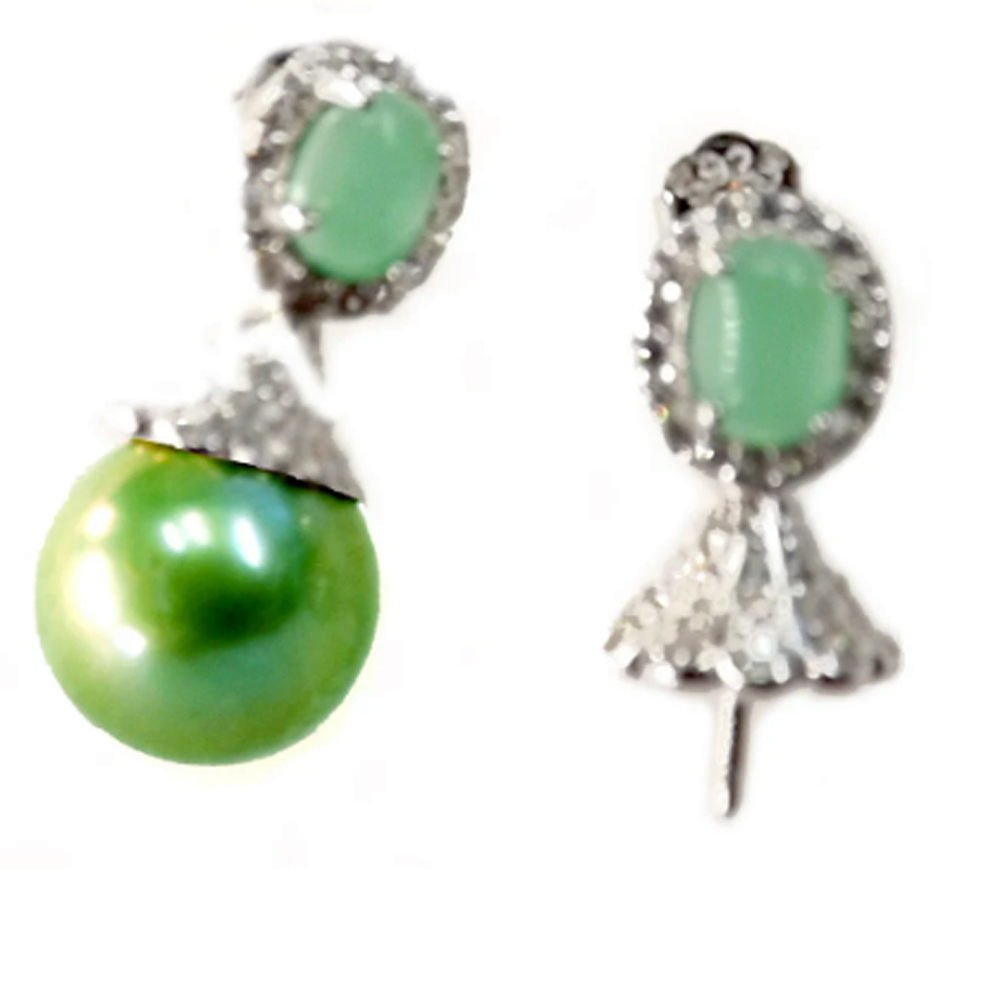 18K White Gold Over 925 Sterling Silver Jade Pearl Earring