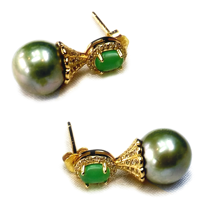 18K Yellow Gold Over 925 Sterling Silver Jade Pearl Earring