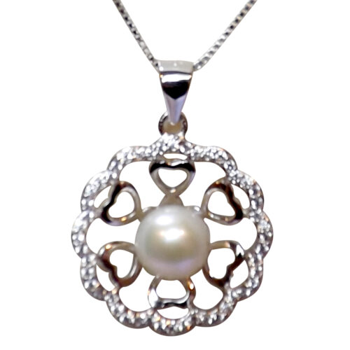 Large Flower ShapedWhite Pearl Pendant Necklace All Sterling Silver