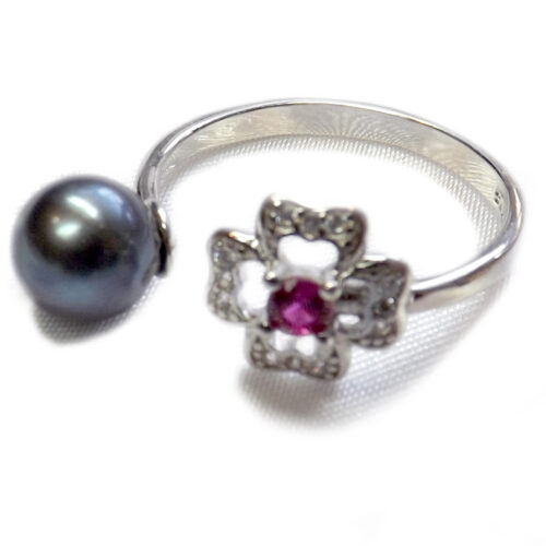 925 Sterling Silver Black Pearl Ring Adjustable Size