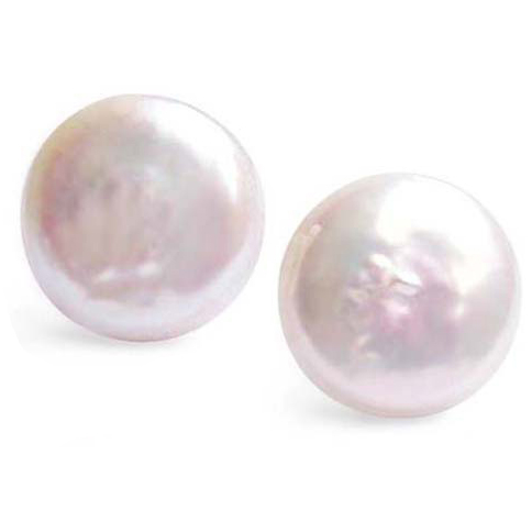 White 11-12mm Coin Pearl Stud Earrings, 925 SS