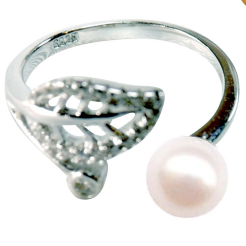925 Sterling Silver Pearl Ring with Leave Designed Adjustable Size