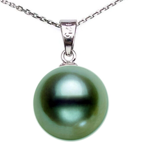 Large 9-10mm dark green Round Pearl Pendant necklace
