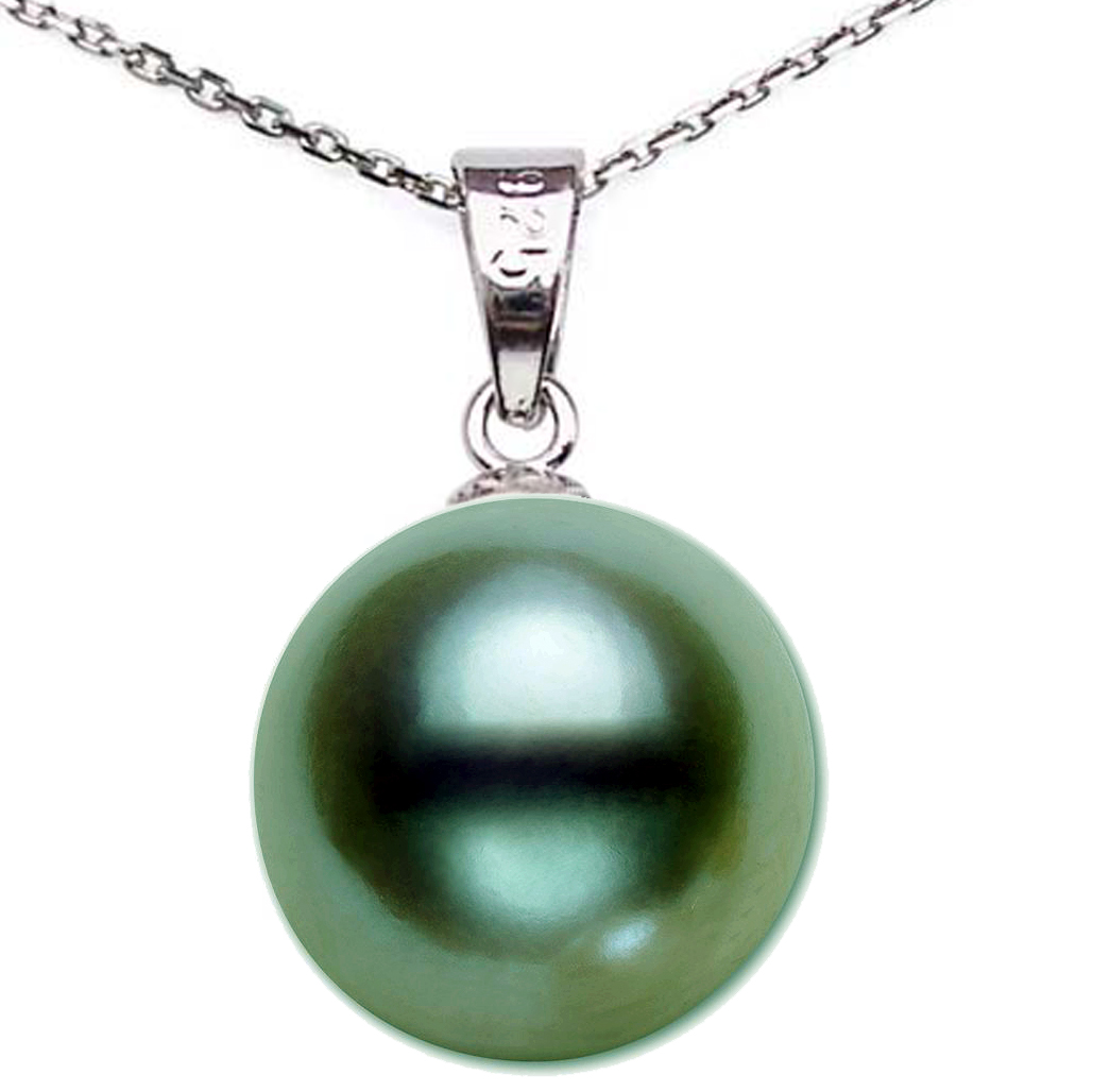 Large 9-10mm dark green Round Pearl Pendant necklace