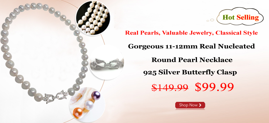 11-13mm Real Nucleated Round Pearl Necklace 925S Butterfly