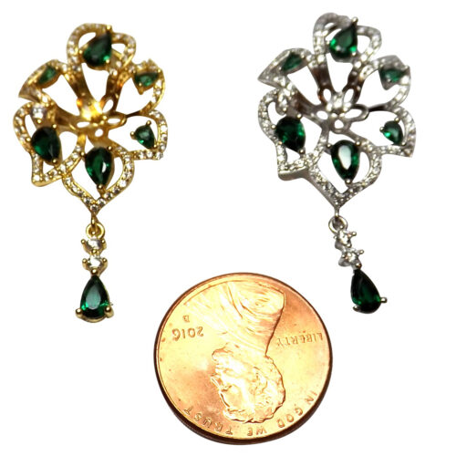 18K Yellow and Gold over 925 Sterling Silver Flower gemstone setting in diamonds and emeralds