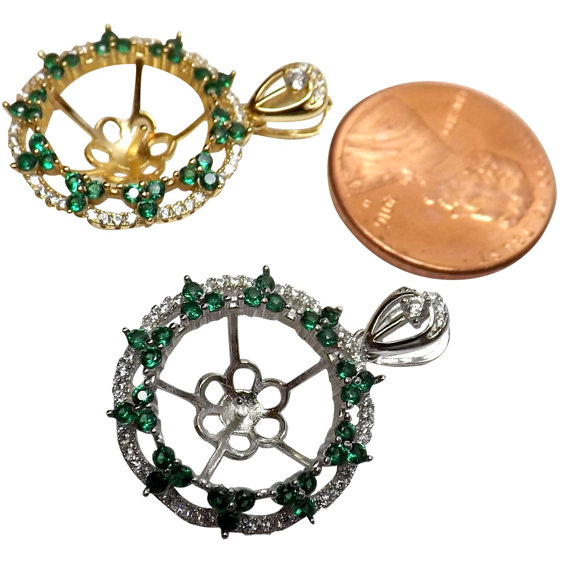 18KG over 925 Sterling Silver Flower gemstone setting in diamonds and emeralds