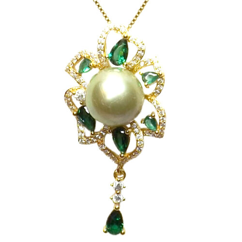 18K Yellow Gold over 925 Sterling Silver Flower gemstone setting in diamonds and emeralds