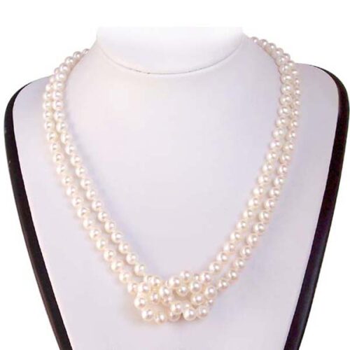 Stylish Double Strand Pearl Necklace in Knot Design , 925 Silver