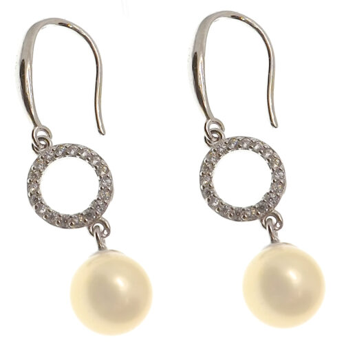 a pair of dangling white pearl earrings with a circle on top with diamonds around