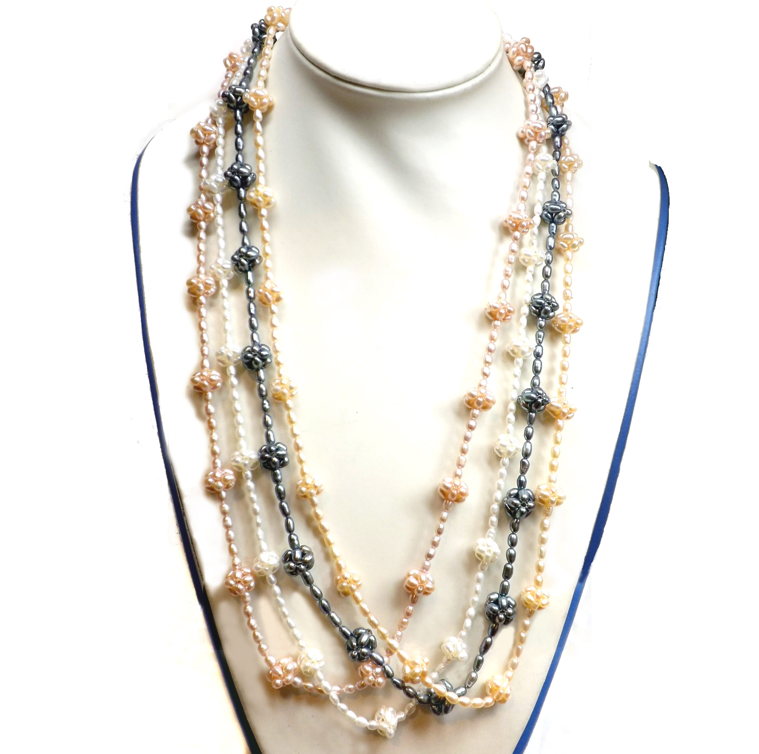 28in long white, pink, mauve and black Pearl Necklace with pearl flowers