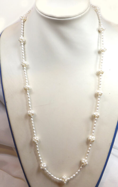 28in long white Pearl Necklace with pearl flowers