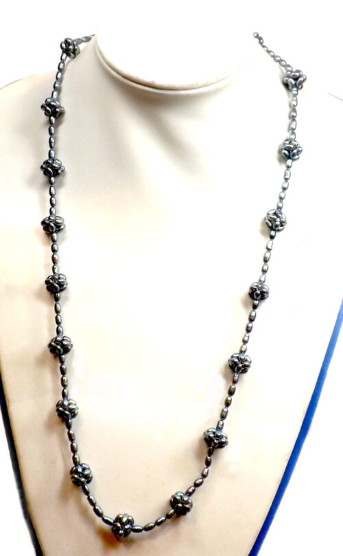 28in long Black Pearl Necklace with pearl flowers
