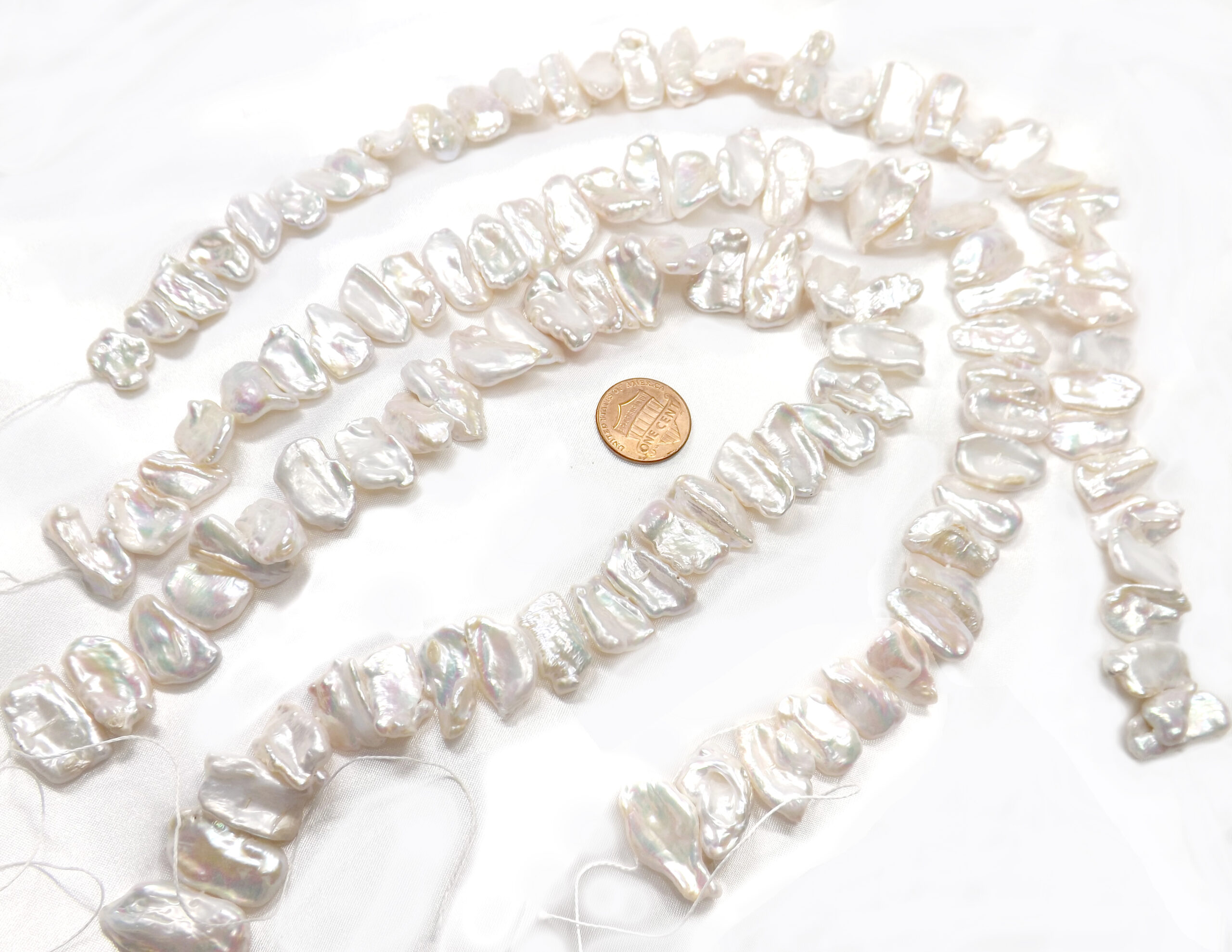 9x20mm White Large center Drilled Biwa Pearl strand